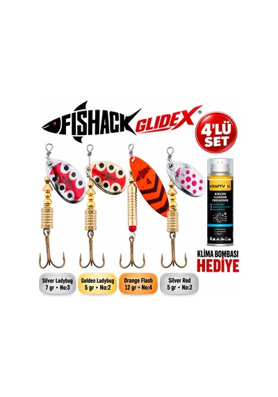 Fishack Glidex 4'lü Döner Kaşık Seti + Klima Bombası - Silver Ladybug 7 Gr No:3 + Golden Ladybug 5 Gr No:2 + Orange Flash 12 Gr No:4 + Silver Red 5 Gr No:2