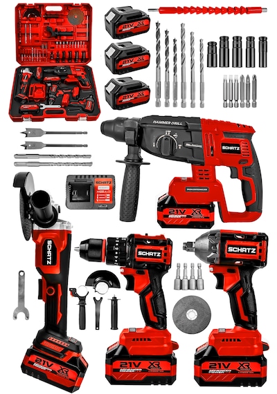 Schatz 21v Darbeli Kömürsüz Kırıcı Delici Hilti & Taşlama & Matkap & Somun Sıkma Sökme 4'lü Set Kırmızı