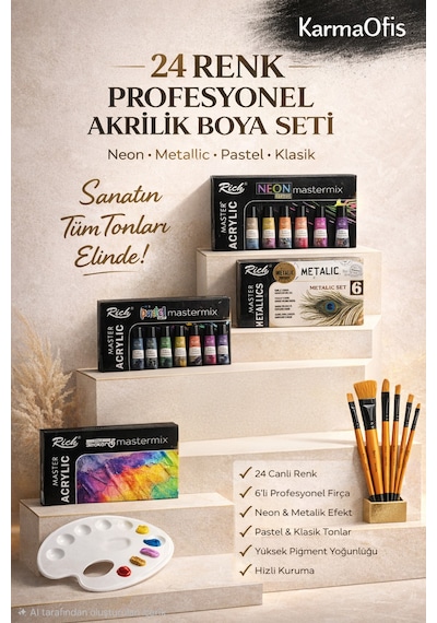 Profesyonel Akrilik Boya Seti 24 Renk Neon + Metallic + Pastel + Klasik 6 Lı Fırça & Palet Dahil Ekru
