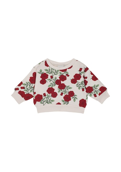 Antebies Organik Gots Sertifikalı Gül Bahçesi Desenli, Uzun Kollu Ribanalı Sweatshirt, Bel Lastikli Bağcıklı Pantolonlu Bebek Takımı Kırmızı