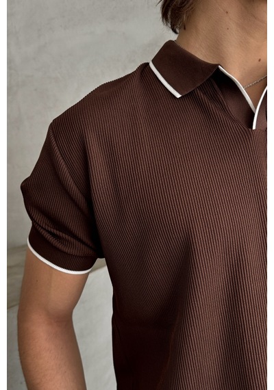 Erkek Oversize Selanik Polo Yaka Triko T-shirt Kahverengi