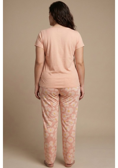 Siyah İnci Dantelli Büyük Beden Battal Viskon Örme Pijama Takım 8066 Somon