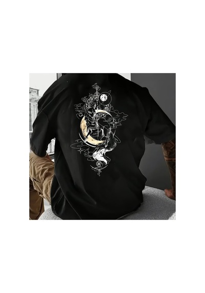 Caddemia Yaz  Moda Rahat Gevşek Kesim Artı Boyutu Tilki Mektubu Baskılı Yuvarlak Siyah 2XL
