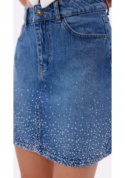 Eseclass Kadın Mavi Yüksek Bel Taş İşlemeli Denim Mini Etek - Işıltılı Kot Etek