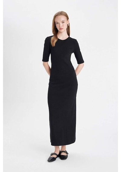 DeFacto 	Bodycon Vücuda Oturan Bisiklet Yaka Basic Düz Fitilli Kaşkorse Kısa Kollu Maxi Elbise D8623AX24AUBK81
