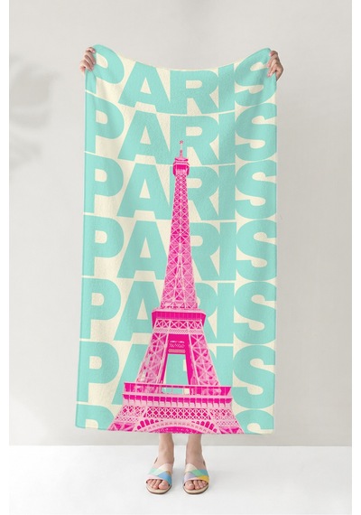 Paris Temalı Şehir Plaj Havlusu - Modern Pop Art Turkuaz Pembe Hızlı Kuruyan Mikrofiber Havlu Sedef Armut