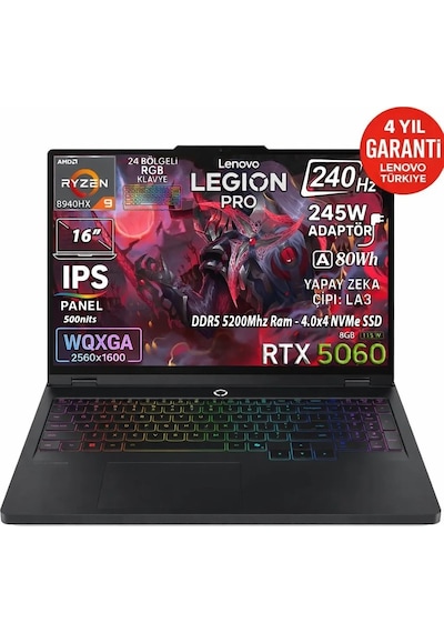 Lenovo Legion Pro 5 16ADR10 83LT005RTRAT31 R9-8940HX 24 GB 256 GB SSD RTX5060 16" Free Dos Dizüstü Bilgisayar