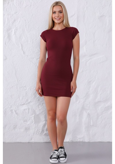Defymoda Kadın Bordo Bisiklet Yaka %95 Pamuklu Fitilli Likralı Kaşkorse Slim Fit Basic Mini Elbise Bordo