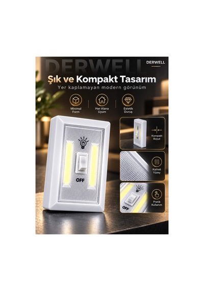 Kablosuz Cob Led Duvar Lambası - Pilli Pratik Led Gece Lambası Anahtarlı Işıldak - Ev Ofis Dolap İçi Gardırop Karavan Merdiven Aydınlatması Mıknatıslı Taşınabilir Lamba