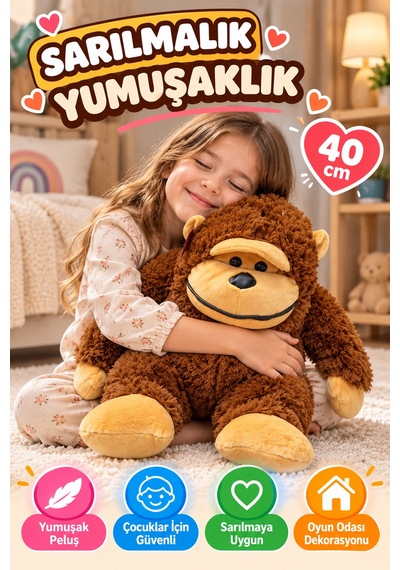 40 Cm Peluş Goril Oyuncak Yumuşak Sevimli Maymun Çocuk Odası Oyun Uyku Arkadaşı Kahverengi Büyük Boy Kahvrengi