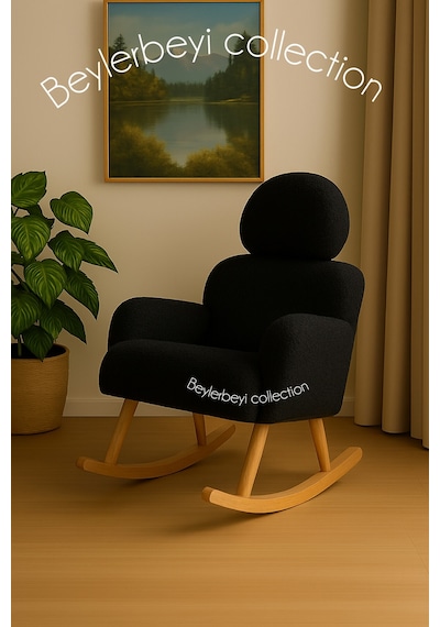 Sallanan Sandalye, Ayarlanabilir Başlıklı Sallanan, Siyah Peluş Kumaş, Tekli Koltuk, Berjer Siyah
