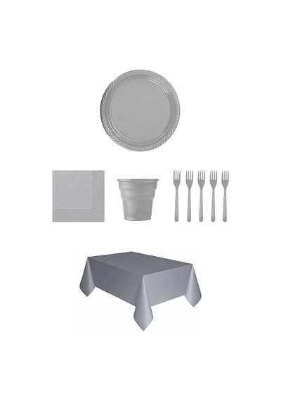 Gümüş Renk Plastik Tabak, Bardak, Çatal, Peçete Ve Tek Kullanımlı