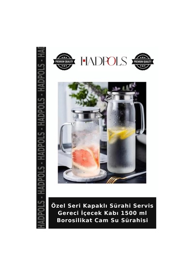 Özel Seri Kapaklı Sürahi Servis Gereci İçecek Kabı 1500 Ml Borosilikat Cam Su Sürahisi