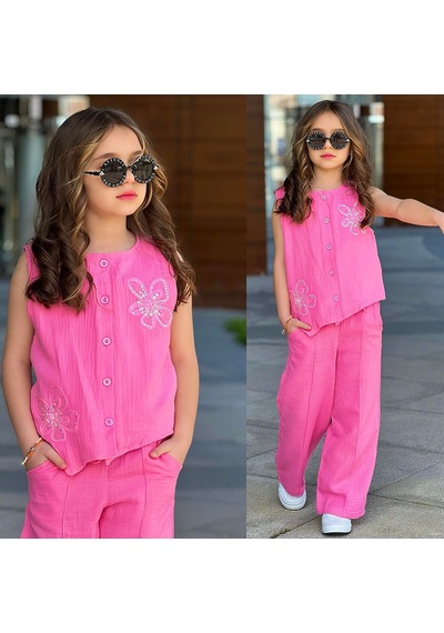 Bam Bam Çiçek Aksesuarlı Müslin Kız 2 Li Takım5-14 Yaş -71141645 - Pembe