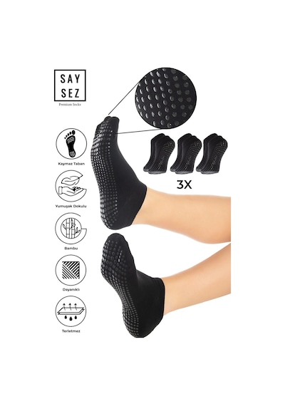 Saysez Bambu Kadın Kaydırmaz Taban Siyah Silikon Baskı Pilates Yoga Fitness Dans Aktivite Patik Çorabı 3'lü Renkli