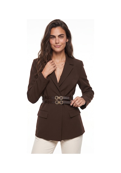 Onloox Kadın Acı Kahve Acı Kahve Polyester Klasik Yaka Klasik Kesim Astarlı Çift Kemer Detaylı Blazer Ceket Acı Kahverengi