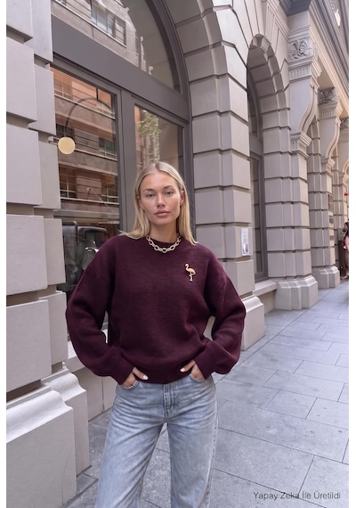 Kadın Bordo W6-57 Oversize Aksesuar Detaylı Tasarım Triko Kazak