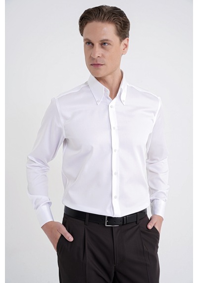 Slim Fit Düğmeli Yüksek Yaka %100 Pamuk Saten Düz Beyaz Gömlek Gk 760