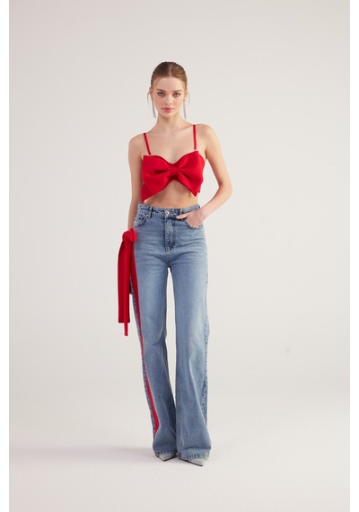 Holly Lolly Yüksek Bel Kurdele Detaylı Wide Leg Kyla Jean Pantolon Mavi