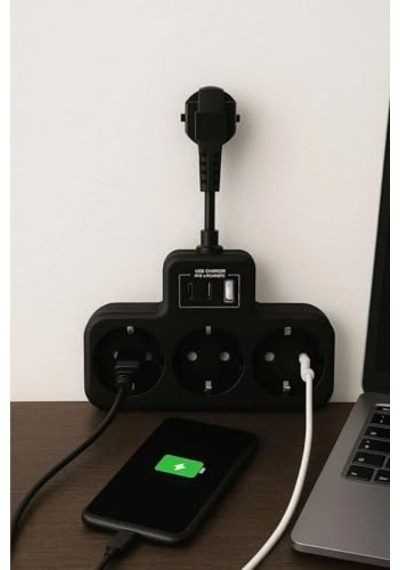 Çoklu Kablolu Priz Çoğaltıcı Priz Dönüştürücü 1usb - 2type-c Girişli Yüksek Akım Korumalı Fiş Siyah