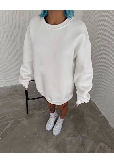 Yake Store Kışlık Bisiklet Yaka Üç İplik Basic Sweatshirt - Beyaz - Beyaz