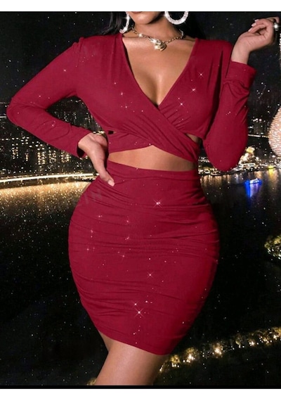 Lacis Simli Kruvaze Kesim Uzun Kollu Göğüs Dekolteli Mini Bodycon Elbise Kırmızı