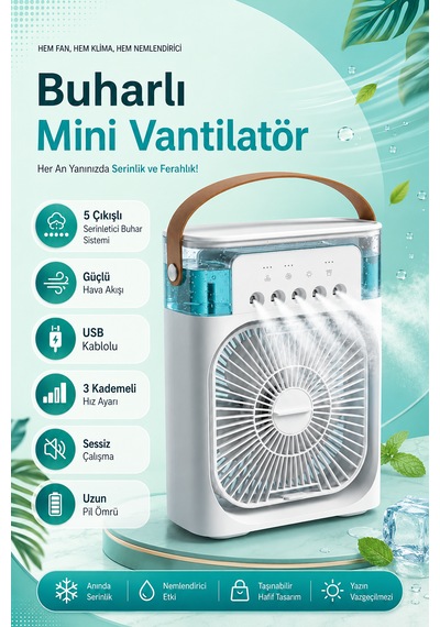5 Çıkışlı Buharlı Mini Vantilatör 3 Kademeli, 600 Ml Su Hazneli, Led Işıklı Ve Zaman Ayarlı