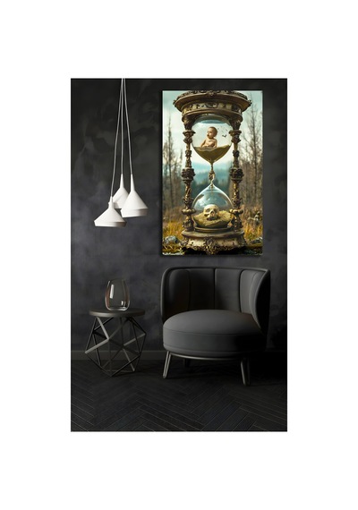 Zamanın Gizemi Cam Tablo Kum Saati Ve Yaşam Ölüm Temalı Sürrealist Dekoratif Duvar Tablosu Vintage Gold Premium Salon Ve Ofis Dekoru