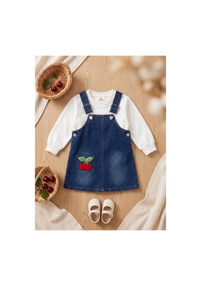 Deniva Kids Kız Bebek Kiraz Nakışlı Kot Salopet Elbise Ve Sweatshirt 2'li Takım Mavi