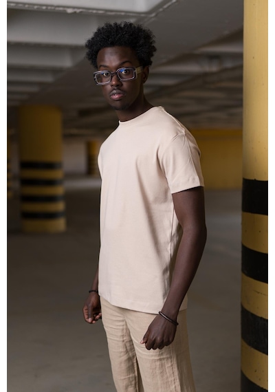 Bisiklet Yaka Lu Basic Oversize Geniş Model T-Shirt Açık Kahverengi