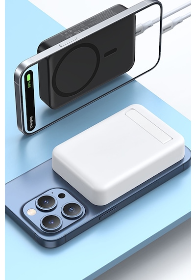 Thentech Magsafe Özellikli Mıknatıslı Kablosuz Powerbank 10000mha Ayaklı Kullanım Şık Powerbank Beyaz