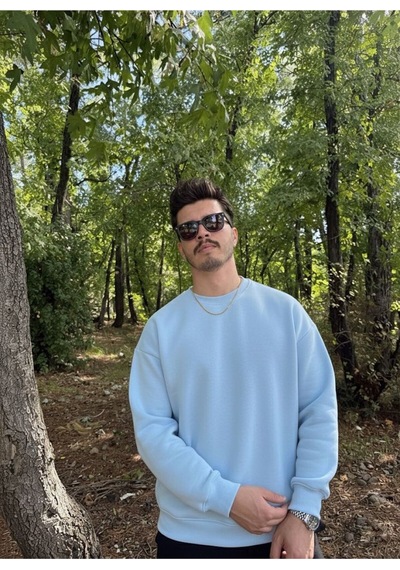Erkek Oversize Bisiklet Yaka Geniş Kesim Sweatshirt Mavi