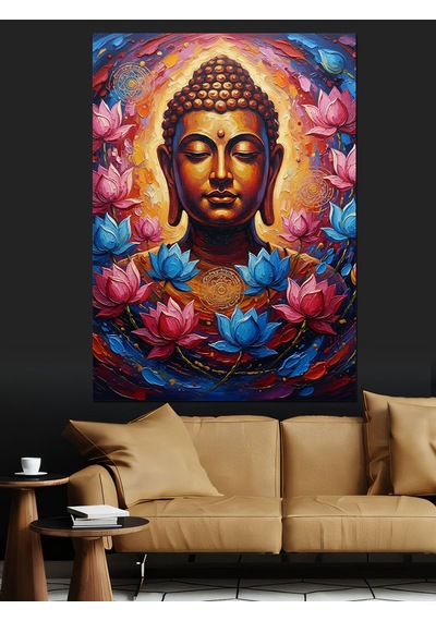 Ahşap Tablo Renkli Lotus Çiçekleri Ve Buda Heykeli Meditasyon Işık
