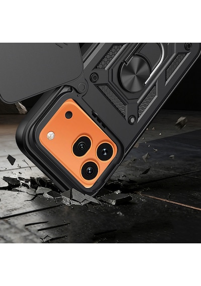 Maks Technology Honor 600 Pro 5g Kılıf Magnetik Standlı Kamera Korumalı Mkst Sürgülü Vega Kapak - Siyah