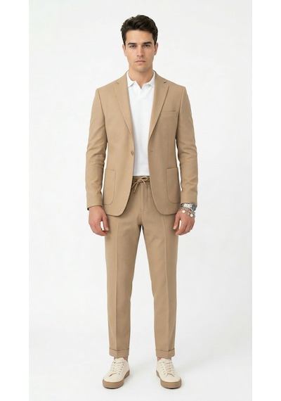 Pike Kumaş Jogger Pantolonlu Erkek Takım Elbise Torba Cepli Tek Düğme Slim Fit Kombin Bej