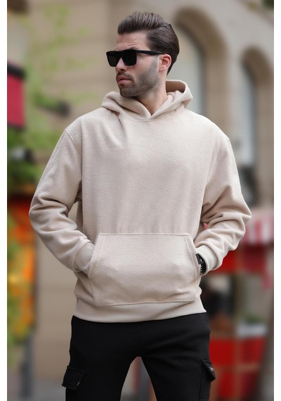 Madmext Bej Kapüşonlu Cep Detaylı Polar Erkek Sweatshirt 7093 Bej