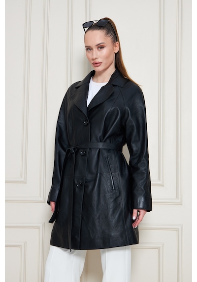 M M Marki Marki Kadın Hakiki Deri Trençkot Siyah, V Yaka, Kuşaklı, Düğme Kapamalı, Oversize, 90 Cm - 117122