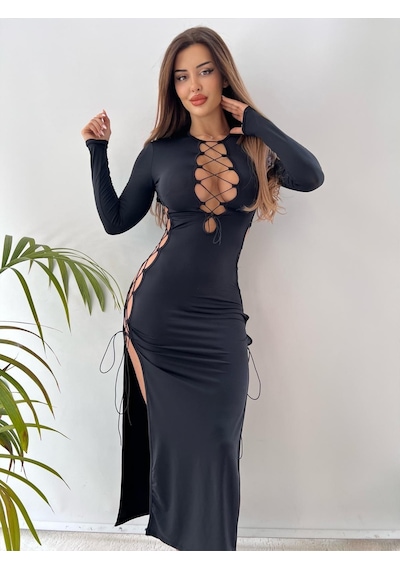 Pink Life Siyah Mikro Kumaş İp Dekolteli Maxi Elbise Siyah