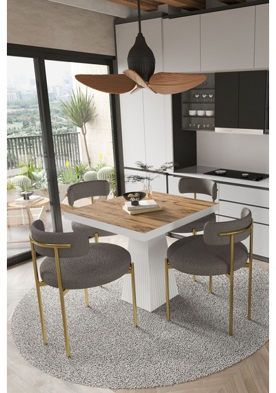 Avvio Arona Beyaz Lake Mdf Ayak 90x90 Yemek Masası Mutfak Masası 4 Kişilik Masa Takımı Teddy Sandalye Akça Avvio0044