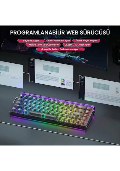 Aula Hero 68 He Manyetik Klavye Rapid Trigger Jade King Switch 8000hz Rgb Neon Tkl Hot Swap Oyuncu Klavyesi Şeffaf Siyah