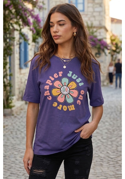 Armonika Kadın Mor Önü Çiçek Baskılı Yanları Yırtmaçlı Pamuklu T-shirt Arm-26y137003