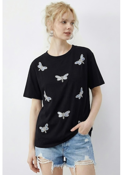 Shade Kadın Boncuk Taş İşlemeli Yusufçuk Desenli Rahat Kalıp T-shirt 2212 60283971 - Siyah
