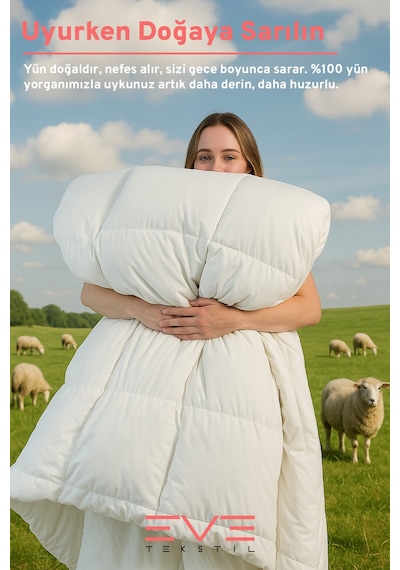 %100 Merinos Kuzu Yünlü Pamuklu Antialerjik Çift Kişilik Yorgan 195x215 Cm Beyaz