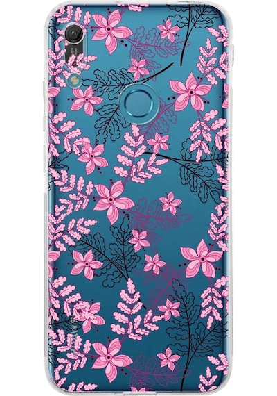 Huawei Y6 Pro 2019 Uyumlu Kamera Korumalı Floral Pembe Tasarımlı Şeffaf Silikon Kılıf