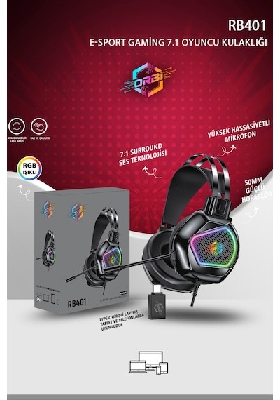Rb401 Rgb Aydınlatmalı Mikrofonlu Gaming Oyuncu Kulaklığı Type-c Otg İle Usb 7.1