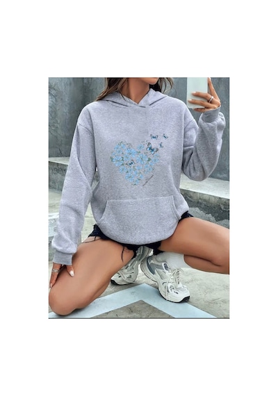 Herkesemoda Baskılı İçi Polarlı Sweatshirt Gri