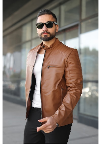 Erkek Taba Dar Kesim Deri Ceket Taba