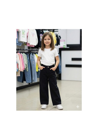 Erdem Kıds Kız Çocuk Jean Pantolon Palazzo Geniş Bol Paça Okul Kot Pantolon Siyah Siyah