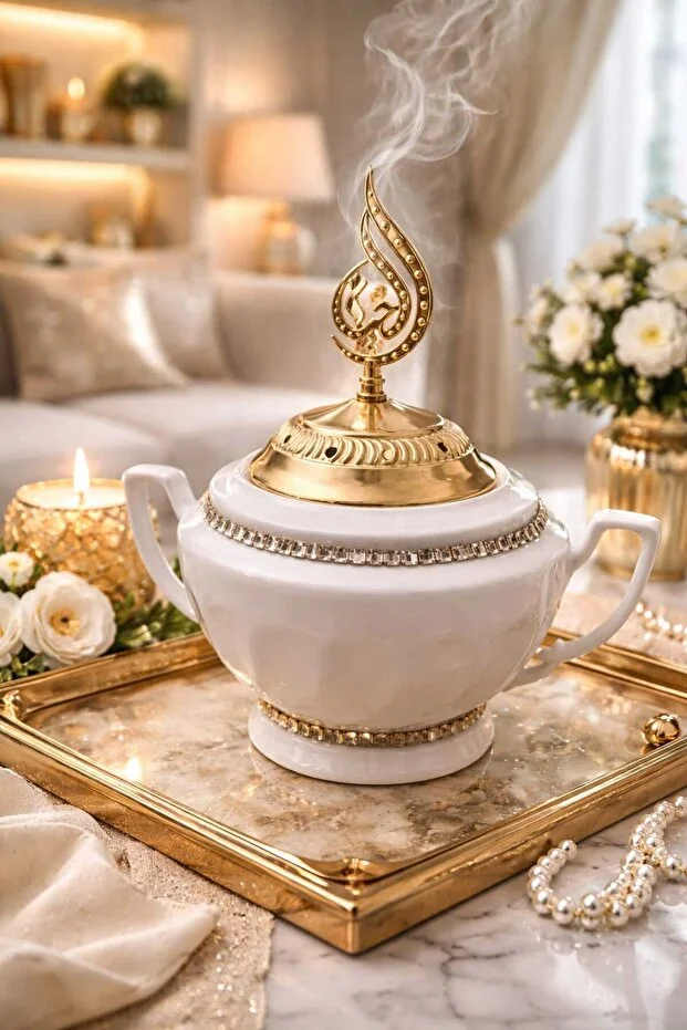 Banum Luxury Lux Porselan Taş Desenli Altin Renkli Çelik Kapakli Tütsülük