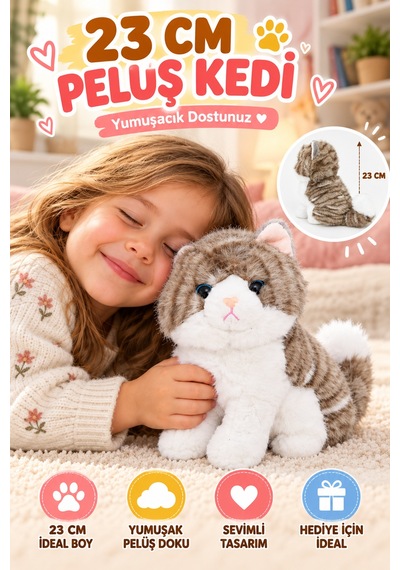 23 Cm Gri Peluş Kedi Oyuncak Yumuşak Sevimli Kedi Figürlü Çocuk Oyuncağı Doğum Günü Hediyesi Seti Çok Renkli